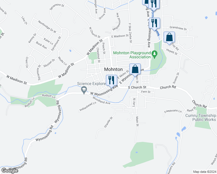 map of restaurants, bars, coffee shops, grocery stores, and more near 18 Chestnut Street in Mohnton