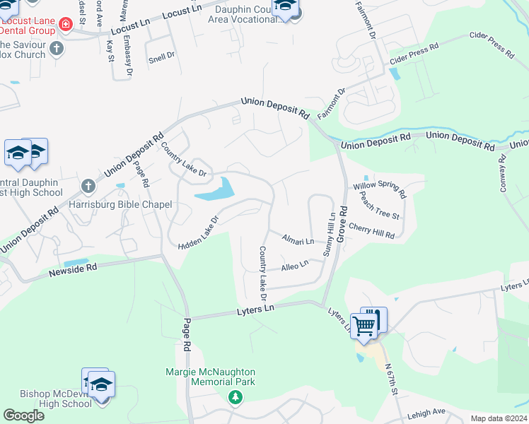 map of restaurants, bars, coffee shops, grocery stores, and more near 5813 Hidden Lake Drive in Harrisburg