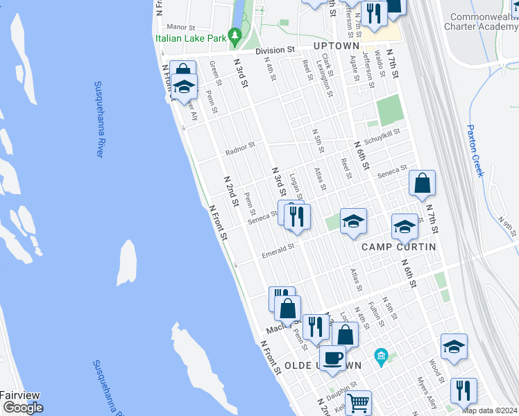map of restaurants, bars, coffee shops, grocery stores, and more near 2419 Penn Street in Harrisburg
