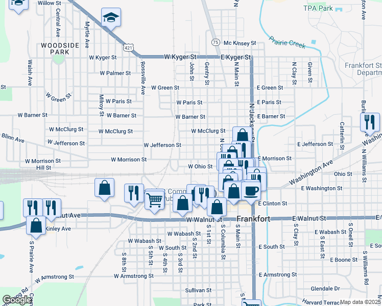 map of restaurants, bars, coffee shops, grocery stores, and more near 451 John Street in Frankfort