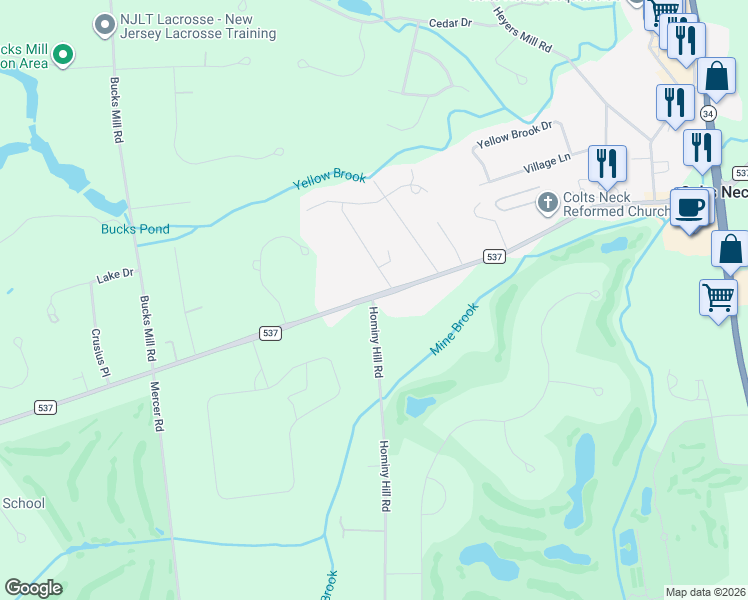 map of restaurants, bars, coffee shops, grocery stores, and more near 99 County Road 537 in Monmouth County