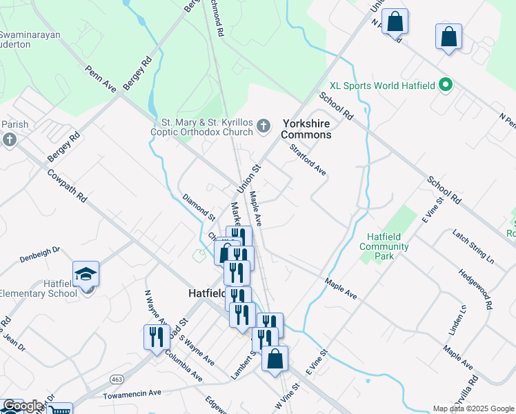 map of restaurants, bars, coffee shops, grocery stores, and more near 39 Maple Avenue in Hatfield