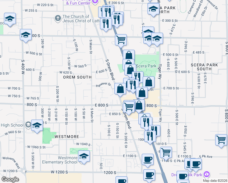 map of restaurants, bars, coffee shops, grocery stores, and more near 729 Hanover Drive in Orem