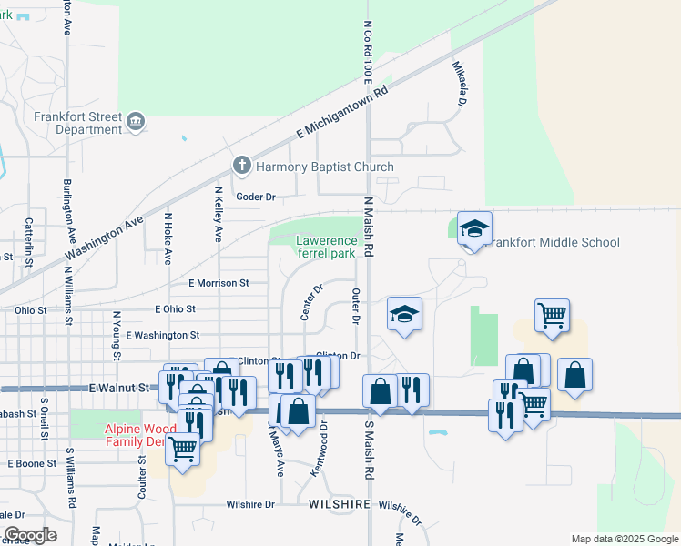 map of restaurants, bars, coffee shops, grocery stores, and more near 800 Center Drive in Frankfort