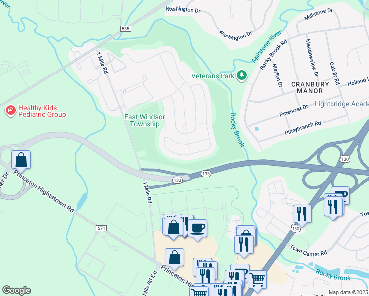 map of restaurants, bars, coffee shops, grocery stores, and more near 18 Goddard Drive in East Windsor