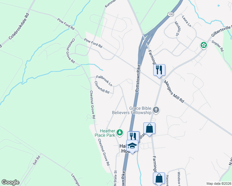 map of restaurants, bars, coffee shops, grocery stores, and more near 1523 Heather Place in Pottstown