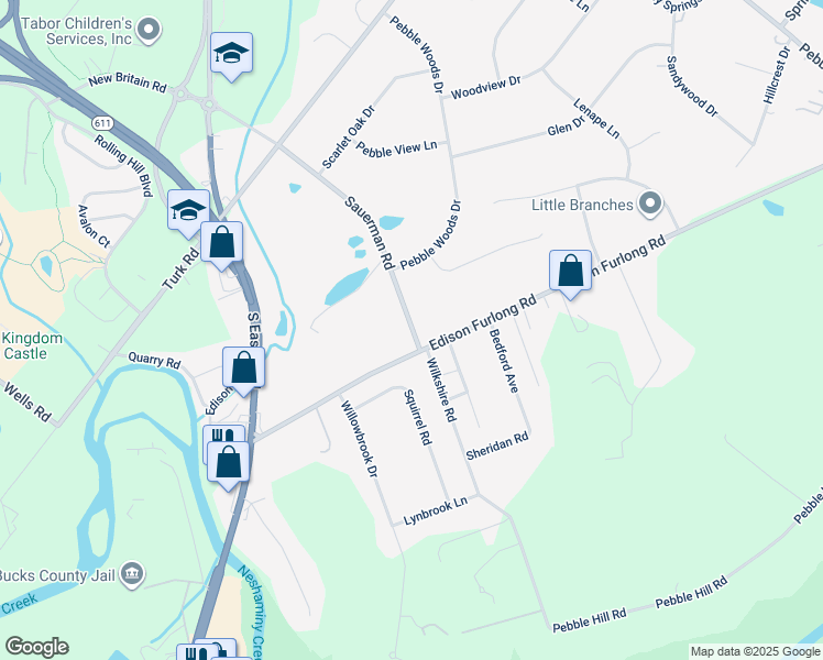 map of restaurants, bars, coffee shops, grocery stores, and more near 92 Sauerman Road in Doylestown