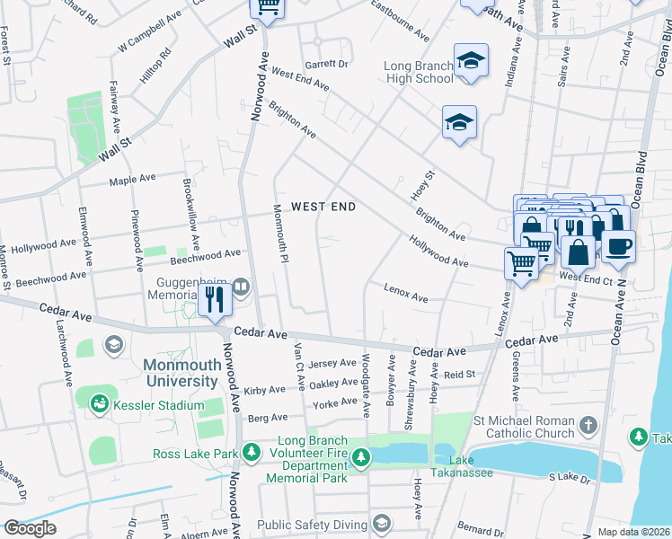 map of restaurants, bars, coffee shops, grocery stores, and more near 675 Westwood Avenue in Long Branch