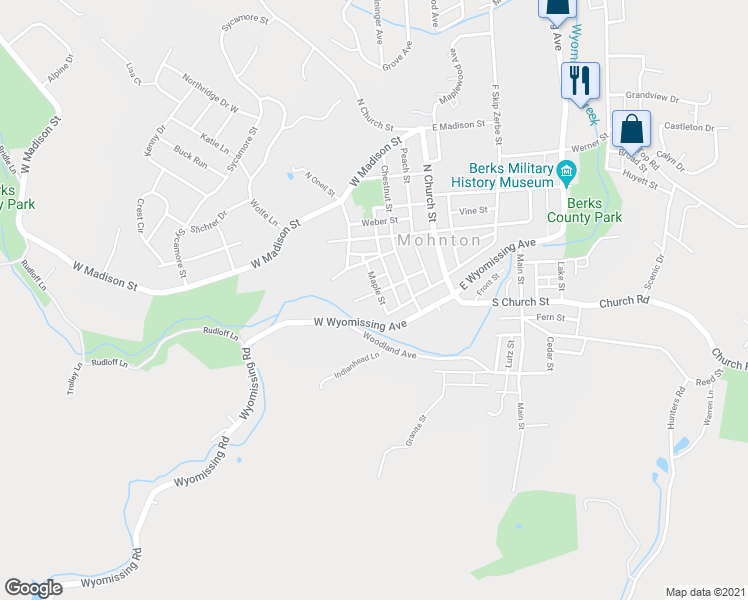 map of restaurants, bars, coffee shops, grocery stores, and more near 22 Maple Street in Mohnton