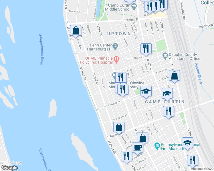 map of restaurants, bars, coffee shops, grocery stores, and more near 2412 Green Street in Harrisburg