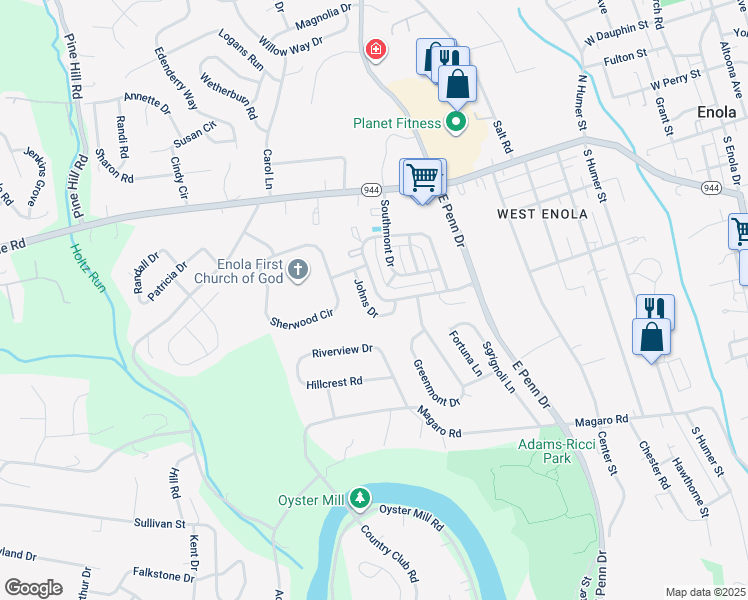map of restaurants, bars, coffee shops, grocery stores, and more near 28 Johns Drive in Enola