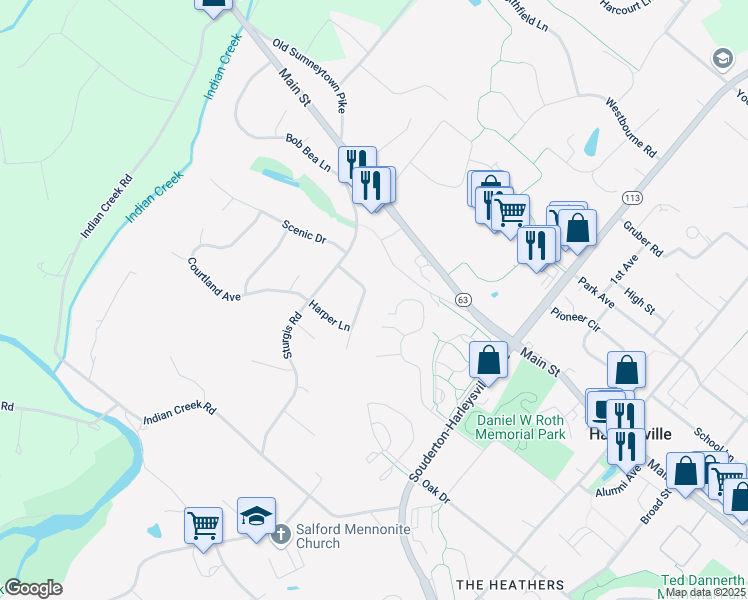 map of restaurants, bars, coffee shops, grocery stores, and more near 653 Meadow Lane in Harleysville