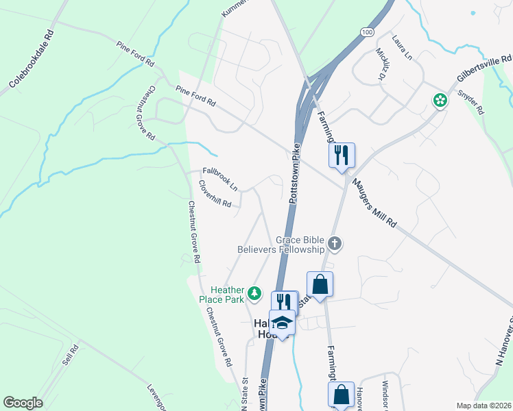 map of restaurants, bars, coffee shops, grocery stores, and more near 1523 Heather Place in Pottstown