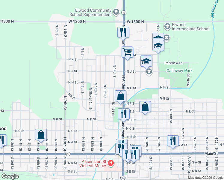 map of restaurants, bars, coffee shops, grocery stores, and more near 748 North 14th Street in Elwood