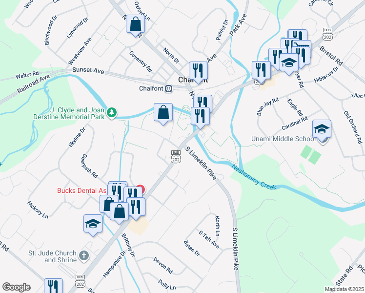 map of restaurants, bars, coffee shops, grocery stores, and more near 4 South Limekiln Pike in Chalfont