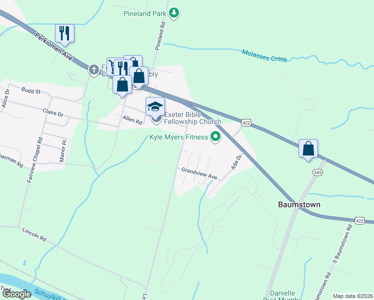 map of restaurants, bars, coffee shops, grocery stores, and more near 257 Redlane Road in Birdsboro