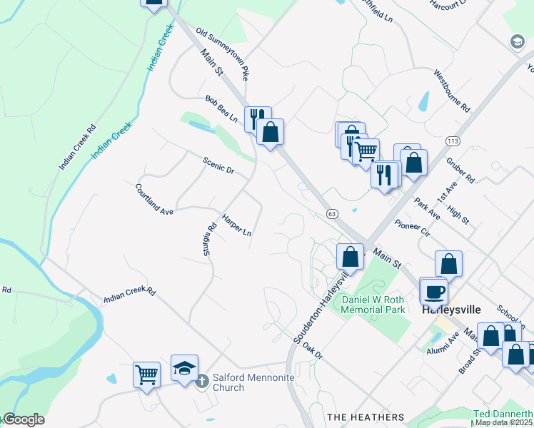 map of restaurants, bars, coffee shops, grocery stores, and more near 653 Meadow Lane in Harleysville