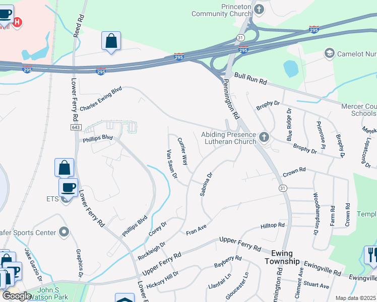 map of restaurants, bars, coffee shops, grocery stores, and more near 8 Currier Way in Ewing Township