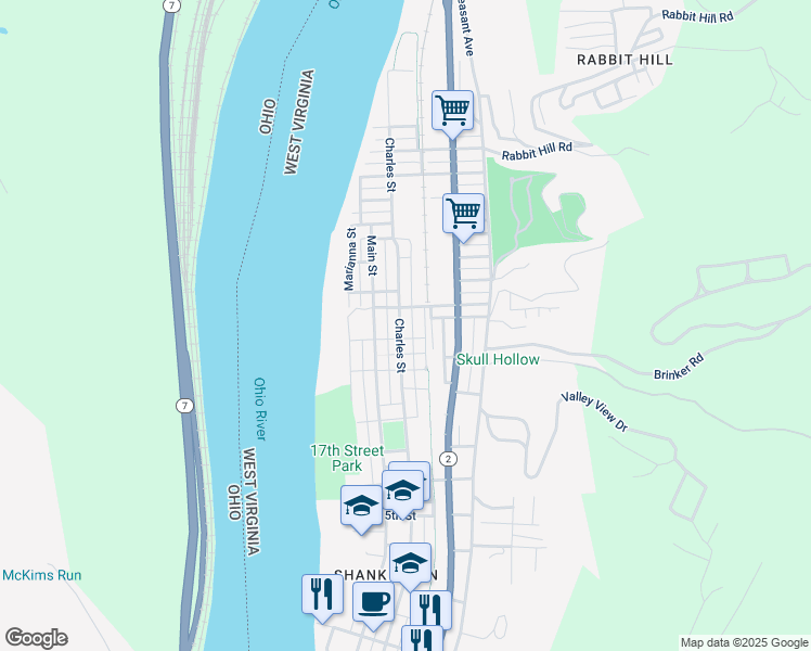 map of restaurants, bars, coffee shops, grocery stores, and more near 2110 Charles St in Wellsburg