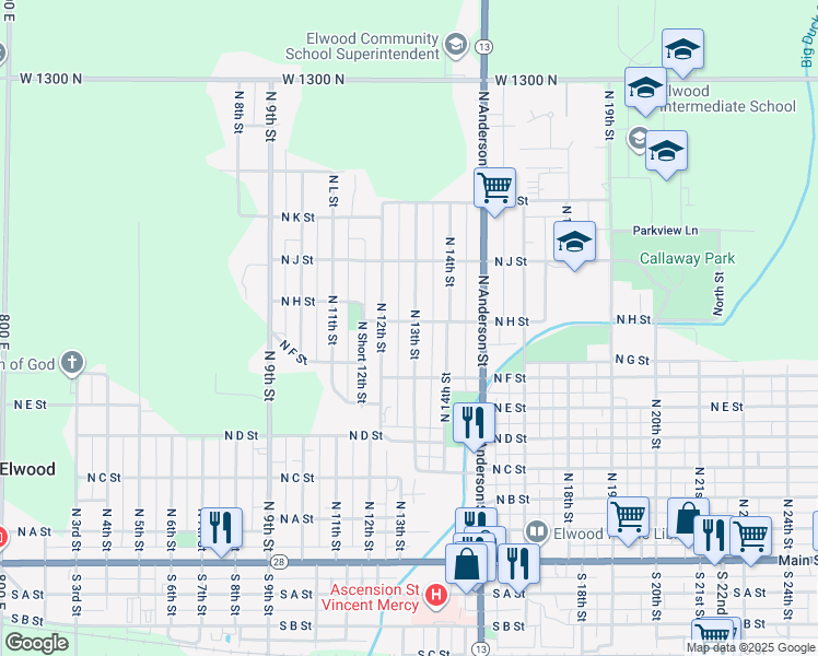 map of restaurants, bars, coffee shops, grocery stores, and more near 740 North 13th Street in Elwood