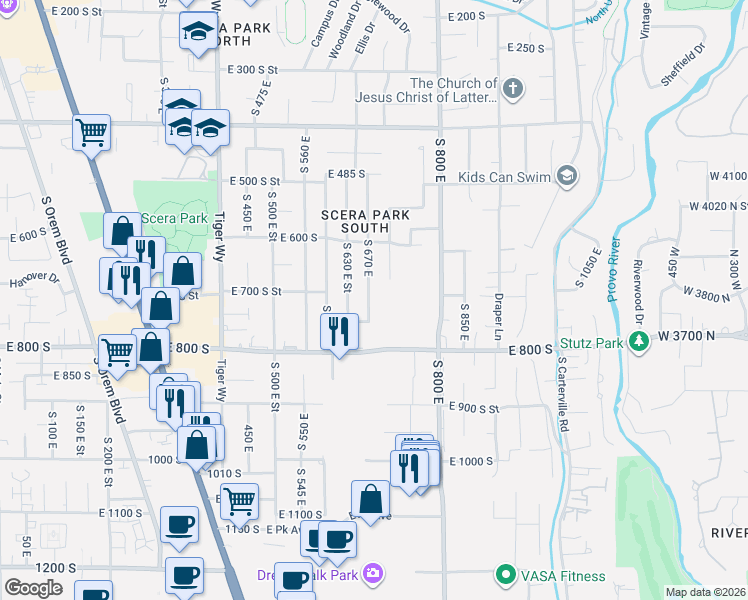 map of restaurants, bars, coffee shops, grocery stores, and more near 721 South 670 East in Orem