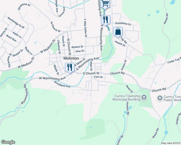 map of restaurants, bars, coffee shops, grocery stores, and more near 62 Main Street in Mohnton