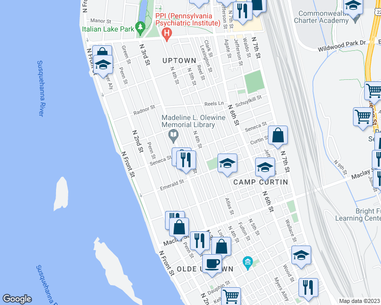 map of restaurants, bars, coffee shops, grocery stores, and more near 323 Seneca Street in Harrisburg