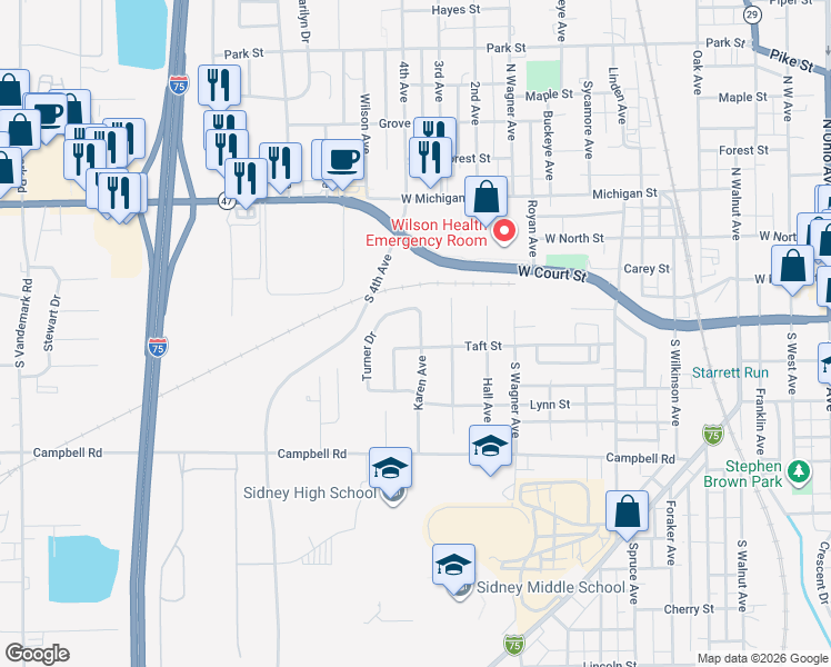 map of restaurants, bars, coffee shops, grocery stores, and more near 215 Karen Avenue in Sidney