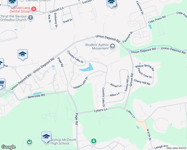 map of restaurants, bars, coffee shops, grocery stores, and more near 5805 Hidden Lake Drive in Harrisburg