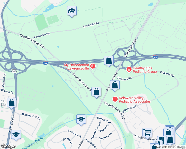 map of restaurants, bars, coffee shops, grocery stores, and more near Executive Park Plaza Road in Lawrence Township