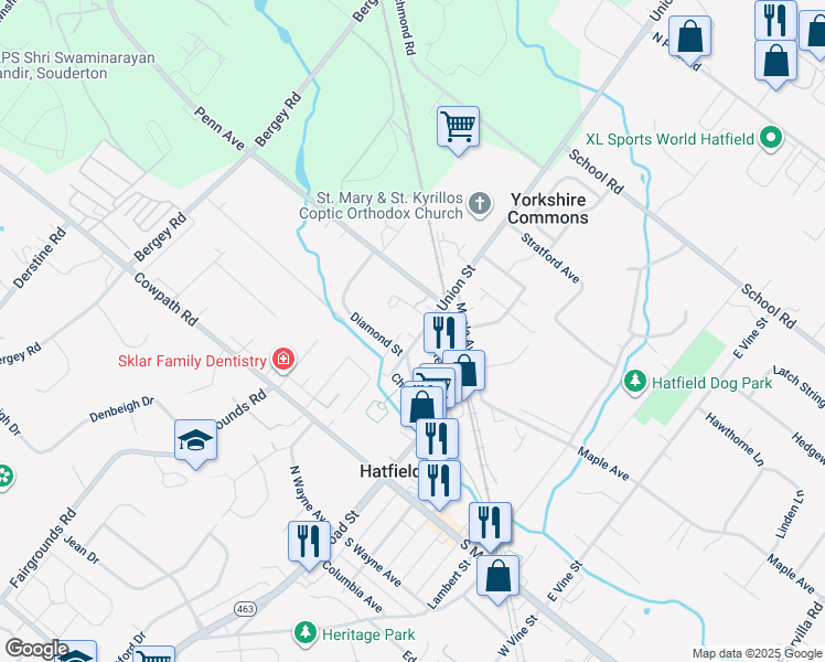 map of restaurants, bars, coffee shops, grocery stores, and more near 163 Union Street in Hatfield