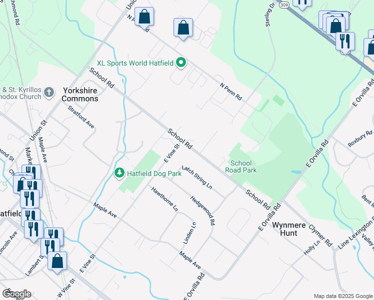 map of restaurants, bars, coffee shops, grocery stores, and more near 1850 School Road in Hatfield