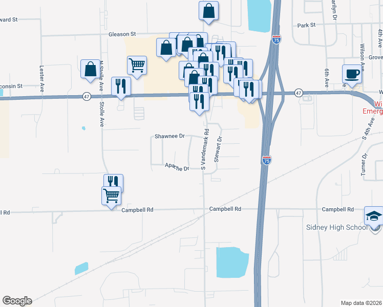 map of restaurants, bars, coffee shops, grocery stores, and more near 230 Cherokee Drive in Sidney