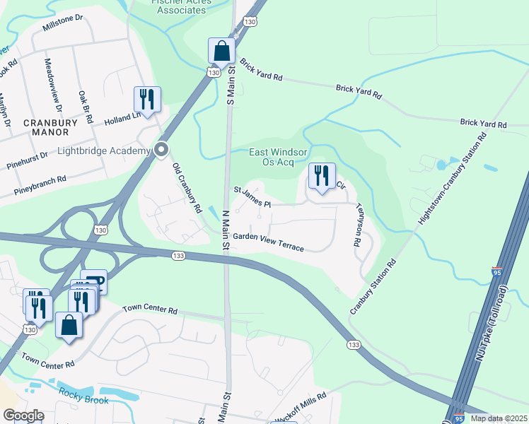 map of restaurants, bars, coffee shops, grocery stores, and more near 7 Wordsworth Court in East Windsor