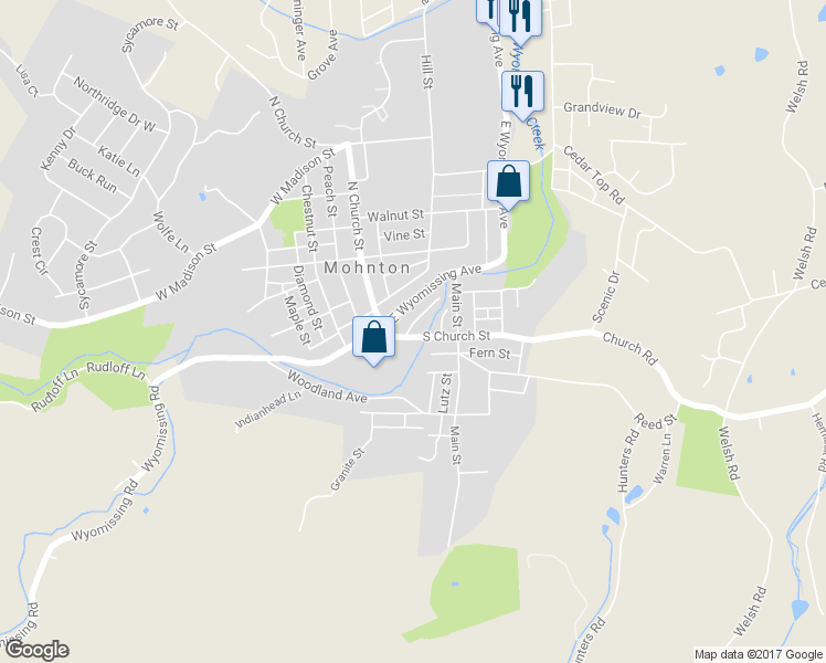 map of restaurants, bars, coffee shops, grocery stores, and more near 33 South Church Street in Mohnton