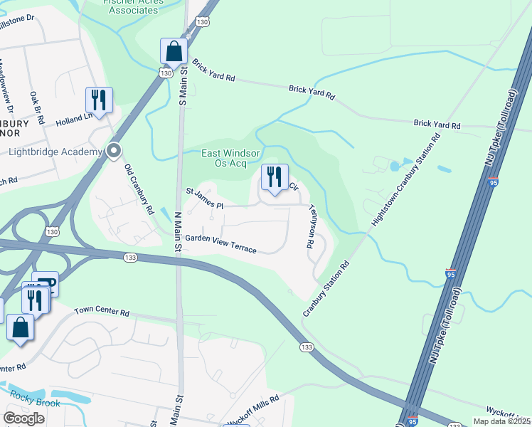 map of restaurants, bars, coffee shops, grocery stores, and more near 25 Old Millstone Drive in East Windsor