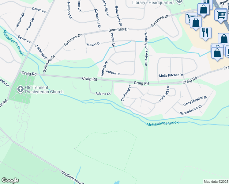 map of restaurants, bars, coffee shops, grocery stores, and more near 308 Adams Court in Manalapan Township