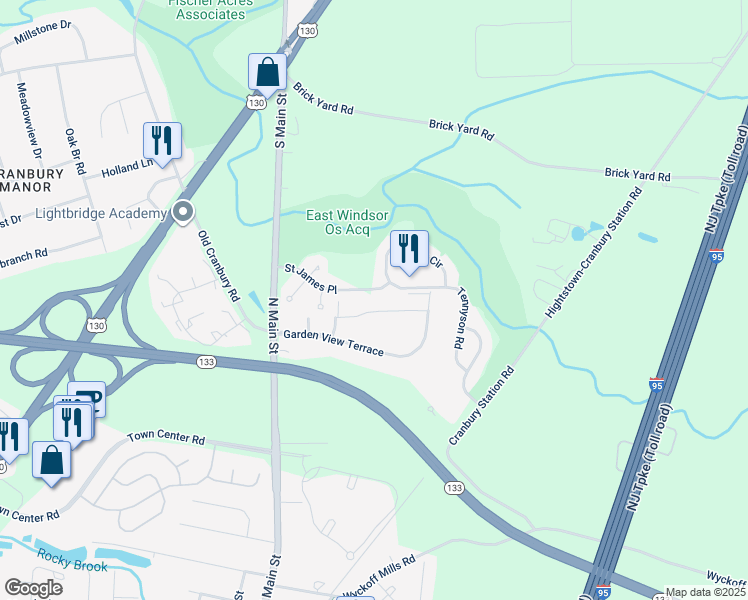 map of restaurants, bars, coffee shops, grocery stores, and more near 23 Old Millstone Drive in East Windsor