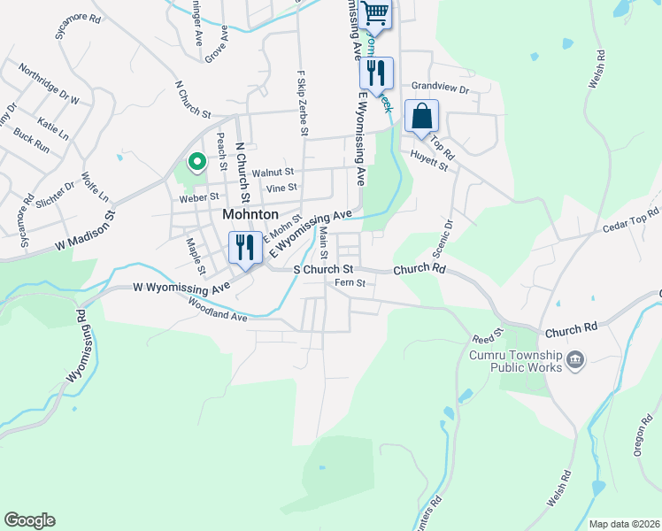 map of restaurants, bars, coffee shops, grocery stores, and more near 62 Main Street in Mohnton