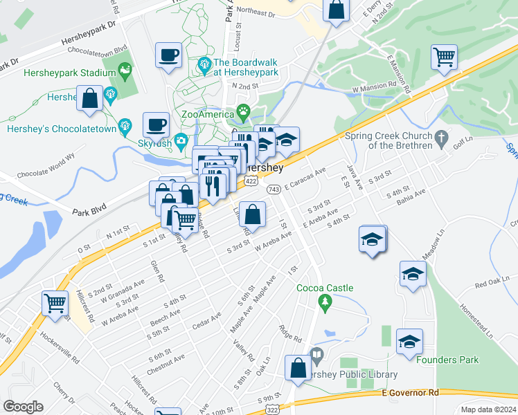 map of restaurants, bars, coffee shops, grocery stores, and more near 30 West Caracas Avenue in Hershey