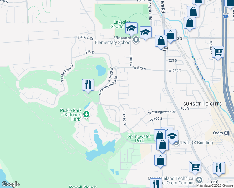 map of restaurants, bars, coffee shops, grocery stores, and more near 712 South 1840 West in Orem