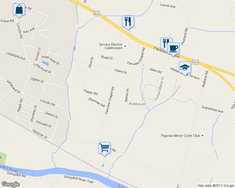 map of restaurants, bars, coffee shops, grocery stores, and more near 1258 Highview Place in Birdsboro