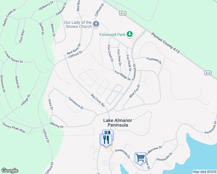 map of restaurants, bars, coffee shops, grocery stores, and more near 39 Grand Fir Road in Lake Almanor Peninsula