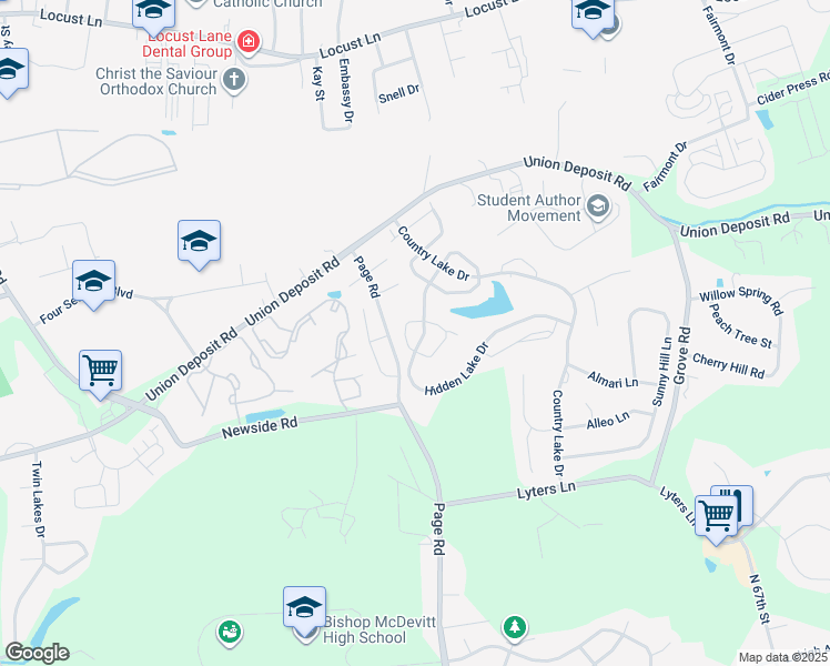 map of restaurants, bars, coffee shops, grocery stores, and more near 1030 Wooded Pond Drive in Harrisburg