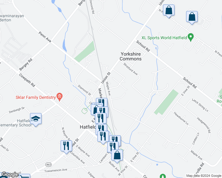 map of restaurants, bars, coffee shops, grocery stores, and more near 41 Maple Avenue in Hatfield