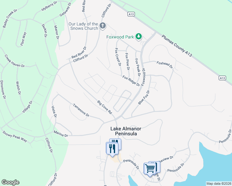 map of restaurants, bars, coffee shops, grocery stores, and more near 39 Grand Fir Road in Lake Almanor Peninsula