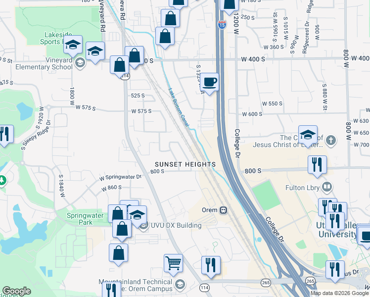 map of restaurants, bars, coffee shops, grocery stores, and more near 723 1370 west in Orem