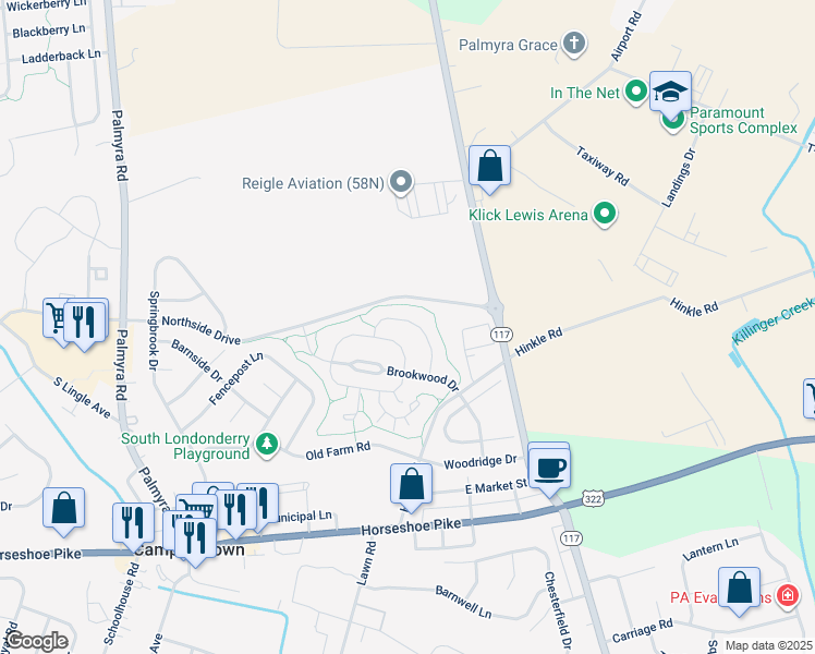 map of restaurants, bars, coffee shops, grocery stores, and more near 95 Harvest Mill Lane in Palmyra
