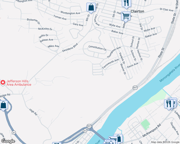 map of restaurants, bars, coffee shops, grocery stores, and more near 857 Bessemer St in Clairton