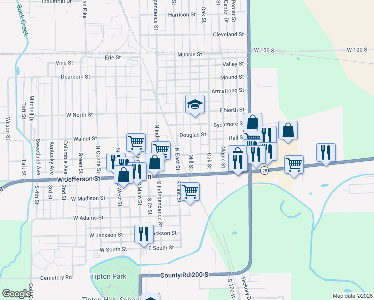 map of restaurants, bars, coffee shops, grocery stores, and more near 210 Mill St in Tipton